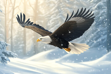 Obraz premium A majestic eagle soaring through a snowy forest landscape.