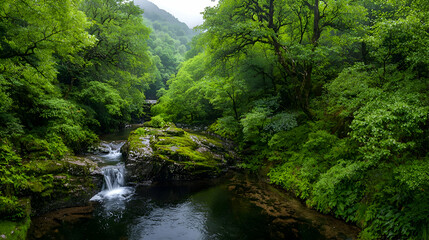Lush Green Forest River Landscape with Waterfall