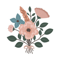 Vector icon bouquet composition with wild flowers in gentle pastel colors on a white background. Ideal for designing cards, invitations, holidays, websites, textiles and packaging