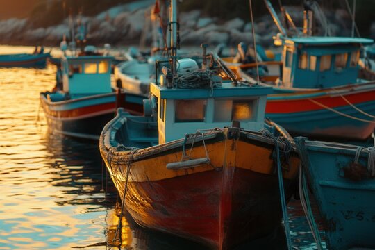 Colorful Fishing Boats at Sunset Bay