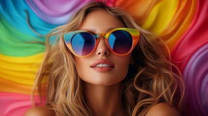 Fototapeta premium Woman wearing colorful sunglasses is laying on a colorful background. Concept of fun and playfulness, as the woman's sunglasses and the colorful background create a vibrant and cheerful atmosphere