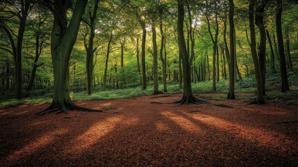Fototapeta premium A dense woodland with a carpet of fallen leaves, patches of sunlight breaking through the canopy above.