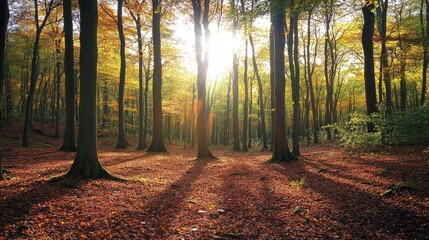 Obraz premium A dense woodland with a carpet of fallen leaves, patches of sunlight breaking through the canopy above.