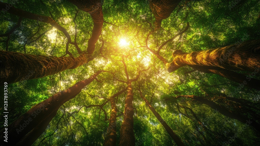 Wall mural a dense woodland with trees stretching high into the sky, their branches creating a dense canopy tha