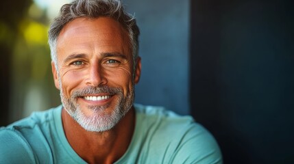 Obraz premium Man with a beard and gray hair is smiling and wearing a green shirt. He looks happy and confident