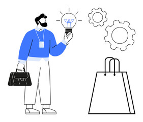 Businessman holding lightbulb in one hand and briefcase in the other standing next to gears and shopping bag. Ideal for innovation, retail, business strategy, e-commerce, marketing, problem-solving