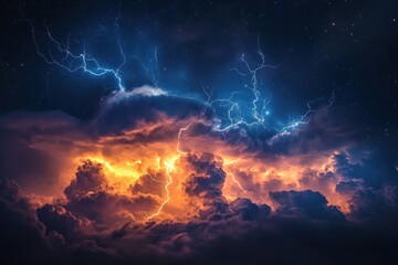 Stunning night sky showcasing a vibrant thunderstorm with intricate lightning bolts illuminating the clouds. Generative AI