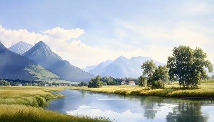 Obraz premium Mountain valley landscape, calm river, sunny day
