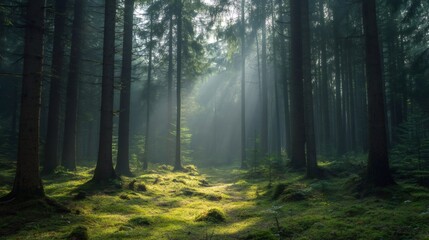 Obraz premium Sunbeams filtering through fog in a lush green forest