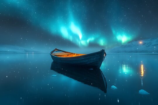 Northern Lights Over Serene Lake with Wooden Rowboat for Tranquil Winter Scenes - Powered by Adobe