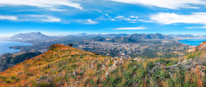 Panoramic view of Bagheria Palermo and Santa Flavia towns and national park Orientata Pizzo Cane