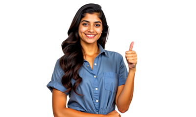 Smiling woman gives thumbs up on Transparent background. Positive portrait ideal for business, approval, and success themes. Isolated on transparent background.