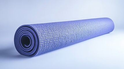 Blue yoga mat rolled up on white background.