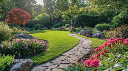 Obraz premium A garden with a well-maintained lawn, flower borders, and a stone path winding through the plants.