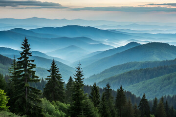 Obraz premium Misty Mountain Landscape: Evergreen Forests & Serene Wilderness Views