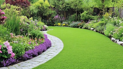 A garden with a well-maintained lawn, flower borders, and a stone path winding through the plants.
