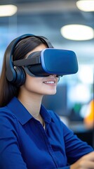 cozy home workspace Scandinavian office A young woman engaging in virtual reality, wearing a VR headset in an office environment, showcasing modern tech.