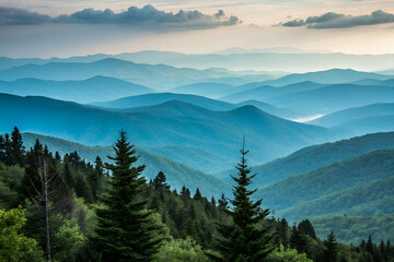 Obraz premium Misty Mountain Landscape: Evergreen Forests & Serene Wilderness Views