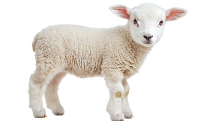Fototapeta premium Young lamb standing on a white background showcasing its fluffy wool and curious expression during a bright afternoon