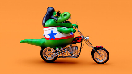 Fun 3D cartoon illustration of a Trex on a motorbike © Julien Tromeur