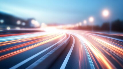 Night highway, blurred motion, city lights, fast speed