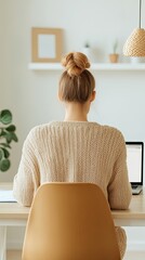 cozy home workspace Scandinavian office A woman working on a laptop, showcasing a cozy and minimalistic workspace in a modern indoor environment.