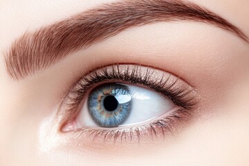 Obraz premium Perfectly symmetrical human eye with striking blue color and detailed iris patterns captured in close up. Generative AI