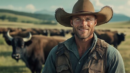 Fototapeta premium Man wearing a cowboy hat and vest stands in a field with cows. He is smiling and he is happy