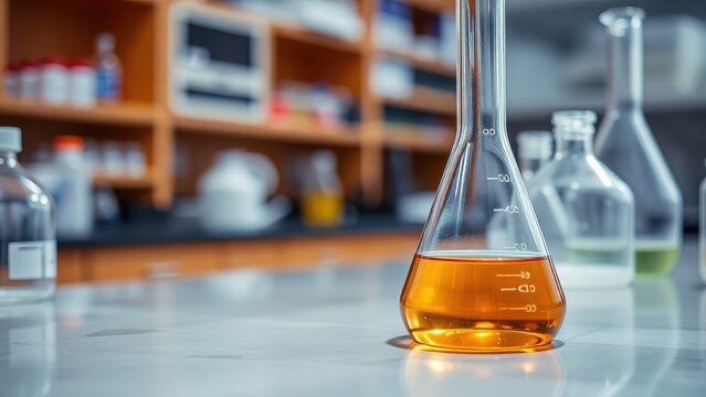 a scientific laboratory environment showing a beaker and an Erlenmeyer flask with a golden liquid, with a blurred background and a wet workbench.