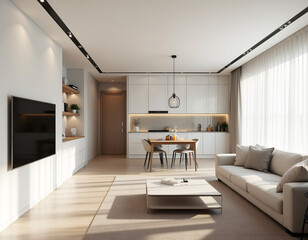 Fototapeta premium Elevation rendering a modern living room with white color built-in Wall Paneling and tv cabinet.