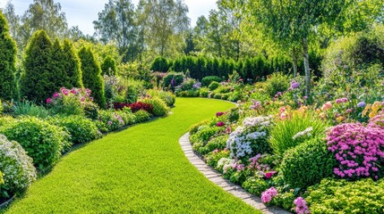Obraz premium A lush and healthy garden with a variety of plants, flowers, and bushes arranged in neat rows.