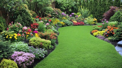 Fototapeta premium A lush and healthy garden with a variety of plants, flowers, and bushes arranged in neat rows.