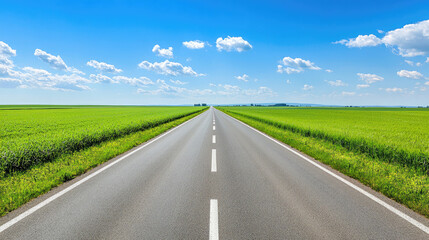 Fototapeta premium Wide road into distance, flanked by green fields and blue sky. High-definition, horizontal composition. Serene beauty.