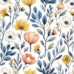Floral seamless pattern with hand-drawn elements watercolor design