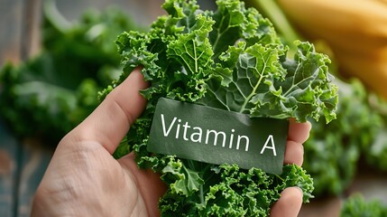 A close-up of a hand holding fresh kale with a label reading 'Vitamin A', highlighting its nutritional benefits and vibrant green color.