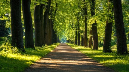 Obraz premium A lush evergreen forest path lined with trees, creating a tranquil and peaceful retreat for nature lovers.