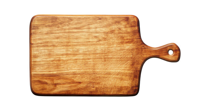 Wooden cutting board on a white background, showcasing its natural grain and smooth surface for culinary use and food preparation