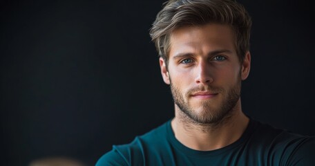 Obraz premium Man with a beard and blue eyes is smiling for the camera. He is wearing a black shirt and is standing in front of a black background