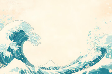 Serene teal waves crash against a soft, beige background in this minimalist ocean art piece.