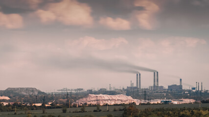 panorama view of the factory with smoking chimneys and the sky with clouds in Ukraine  Mariupol