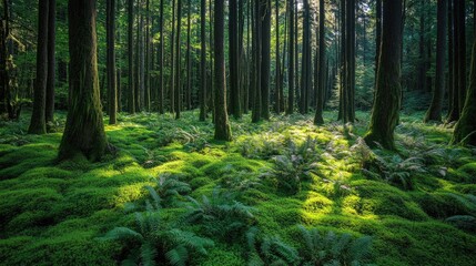 Obraz premium A lush, green evergreen forest with sunlight casting shadows on the forest floor, filled with ferns and moss.