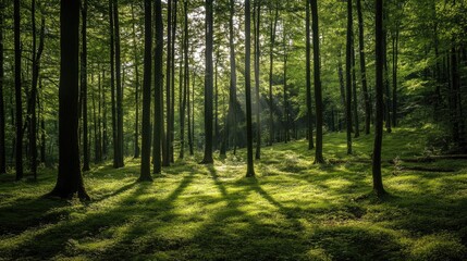 Fototapeta premium A lush green forest with sunlight filtering through the trees, casting soft shadows on the ground.