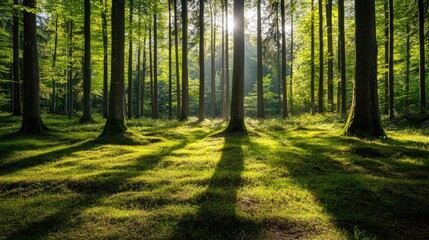 Naklejka premium A lush green forest with sunlight filtering through the trees, casting soft shadows on the ground.