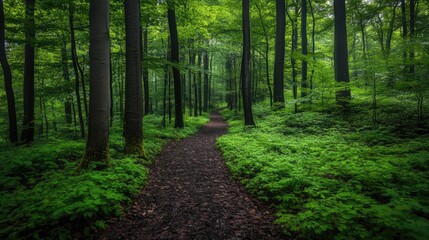 Fototapeta premium A lush woodland scene with thick green foliage, tall trees, and a pathway covered with soft moss and leaves.