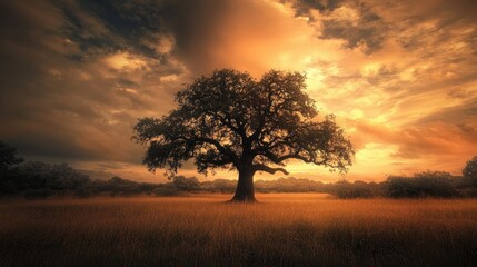 Fototapeta premium A majestic oak tree standing alone in a wide field under a golden sunset sky.