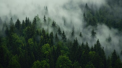 A misty evergreen forest with tall trees draped in fog, creating an enchanting and mysterious scene.