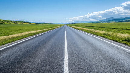 Fototapeta premium Wide road into distance, flanked by green fields and blue sky. High-definition, horizontal composition. Serene beauty.