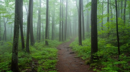 Fototapeta premium A misty woodland trail with trees covered in morning dew, creating a mystical and serene atmosphere.