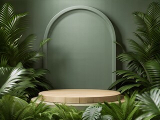 Elegant Wooden Podium in Lush Tropical Greenery for Product Display