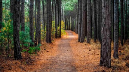 A narrow path winding through an evergreen forest, with tall trees lining both sides and the ground covered in pine needles.